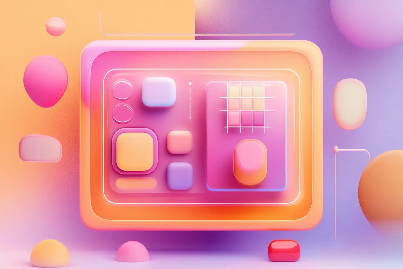 a fun illustration of a trendy UI with rounded shapes, large typography, CSS grid pattern --ar 3:2