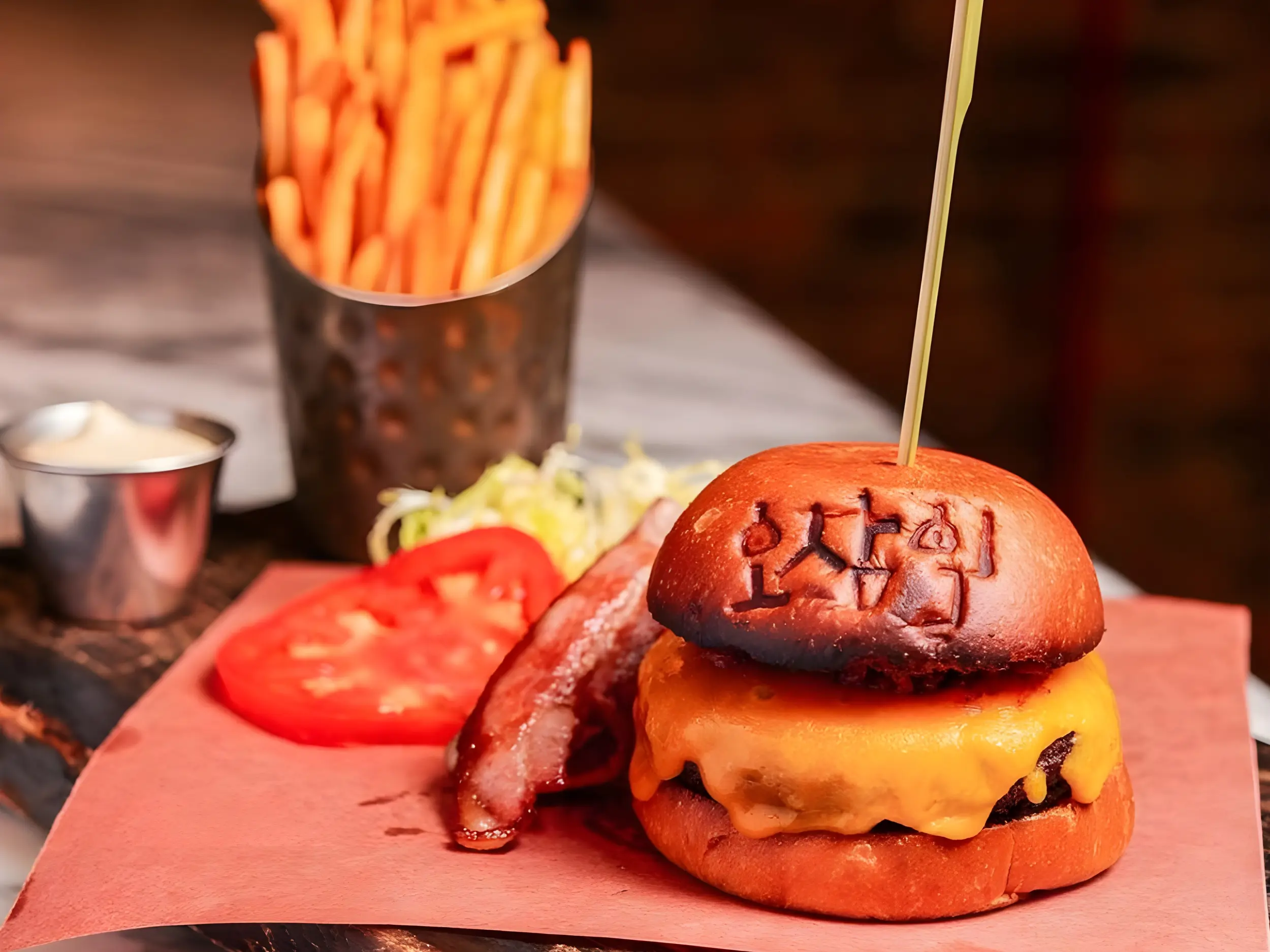 Photo of a hamburger and fries