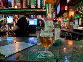 Photo of a glass of Delerium Tremens on a bar