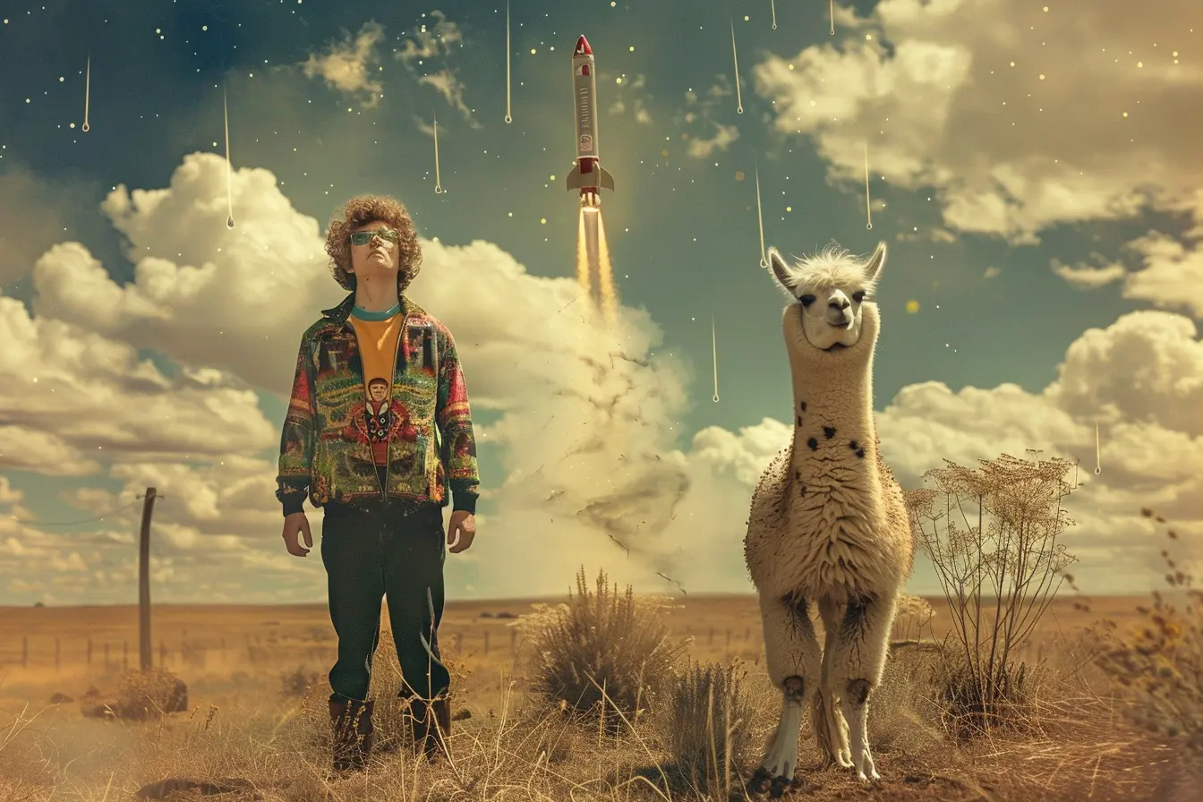 napoleon dynamite and tina the llama standing in a field, a rocket is flying in the sky above them --ar 3:2