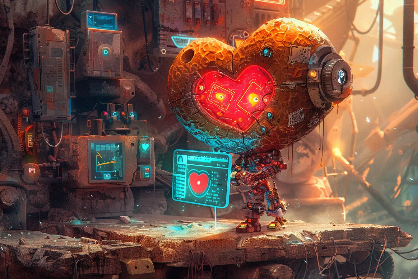 A vibrant digital painting of a heart-shaped character chiseling a web app design from a monolithic stone slab, each chisel stroke revealing colorful UI elements like buttons and icons. A backdrop of a digital-meets-ancient workshop merges high-tech holograms with dusty tools. Warm light and stone textures dominate. Created Using: Hyperrealistic textures, layered digital painting techniques, warm color palette, high-energy composition, intricate character details, whimsical fantasy style, bold contrasts, ultra-HD rendering --ar 3:2 --v 6.0