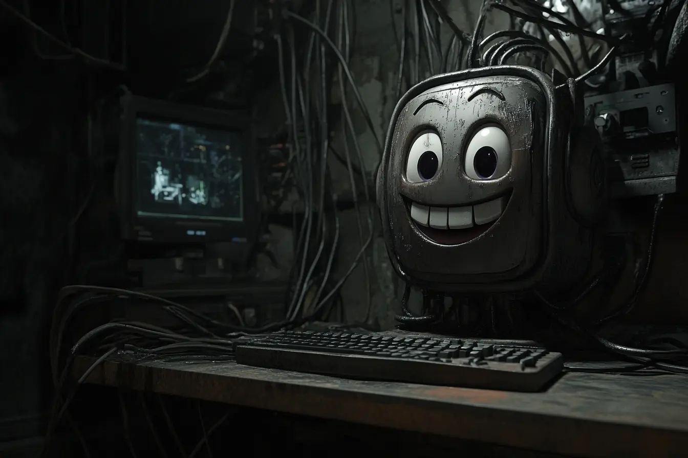 an animatronic cursor, smiling and happy, while the background is a dark, dystopian view of wires and computers --ar 3:2