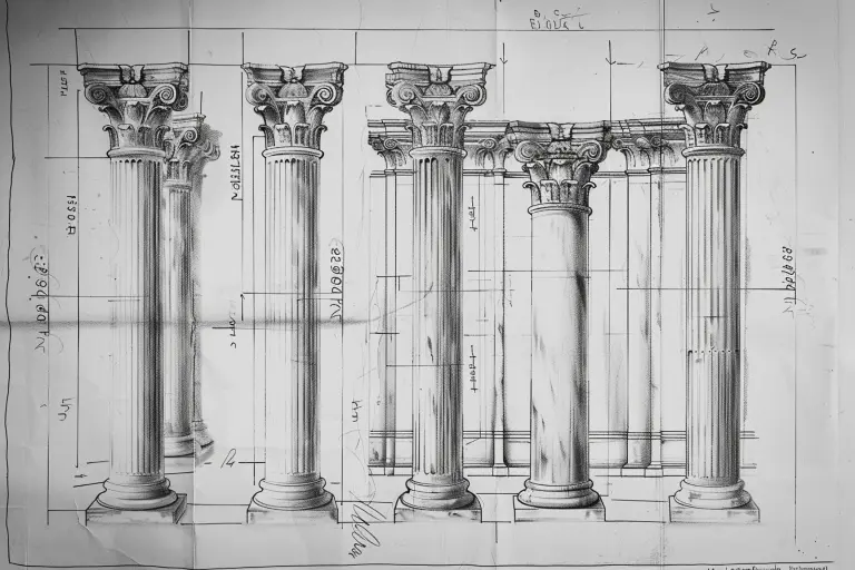 a drafting schematic of a series of columns of different sizes --ar 3:2